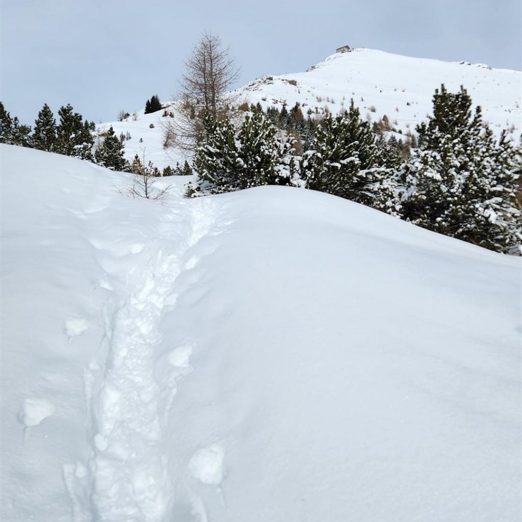 Das Gipfelhaus des Monte Elmo in der Ferne